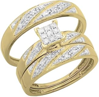 Dazzlingrock Collection Round White Diamond Cluster Style Matching Wedding Trio Ring Set for Him & Her (0.30 ctw, Color I-J, Clarity I2-I3) in 10K Gold