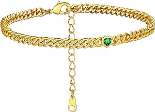 KeyStyle GoldChic Gold Round Heart Ankle Bracelet with Birthstone For Women, 12 Months Sparkling Crystal Anklet Anniversary Jewelry for Her, Birthday Chains for Mother Daughter