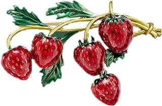 Fashion Fruit Brooch Pin for Women Girls Gold Tone Cute Enamel Red Strawberry Green Leaf Branch Brooches Lapel Creative Dress Accessories Jewelry Dainty Retro Gift