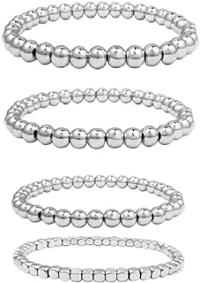 4Pcs Gold/Silver Beaded Bracelet Set for Women Stretchable Ball Beads Elastic Bracelet