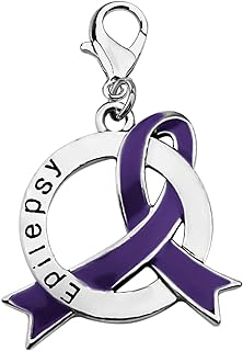 Epilepsy Awareness Clip-On Ribbon Pendant with Cuban Chain - Purple Survivor Jewelry in Alloy Metal