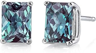 Peora 14K White Gold Created Alexandrite Earrings for Women, Color-Changing Solitaire Studs, 2.50 Carats Radiant Cut, Friction Back