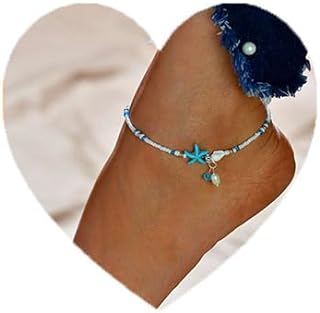 LUXCASTLE Boho Starfish Anklet Conch Pendant Ankle Blue Ankle Bracelets Summer Beach Beads Anklet Jewelry for Women and Girls