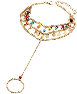 JOYA GIFT 14K Gold Alloy Lobster Claw Clasp Beaded Chain Anklet with Colorful Metal Beads for Women and Girls, Bohemian Design