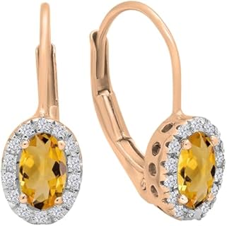 Dazzlingrock Collection 5x3mm Oval Citrine & Round White Diamond Halo Lever Back Hoop Earrings for Women in 14K Gold