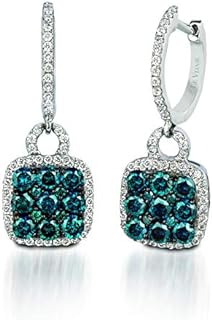 LE VIAN Women's 1 1/4 Carat White and Blue Diamond Dangle Drop Earrings; 14k White Gold Huggie Design; Secure Hinged Latch Back