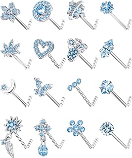 Wrlcorly 16Pcs 20G Nose Rings Studs Stainless Steel L Shaped Nose Stud CZ Butterfly Planet Star Leaf Bee Moon Heart Flower Cross Dangle Piercing Jewelry for Women Men Pink/White/Blue/Clear