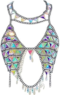 Boho Body Chain Bra Silver Sexy Rhinestone Bikini Bra Body Halter Backless Sequins Chain Bra Beach Body Accessories Jewelry for Women and Girls (Top)