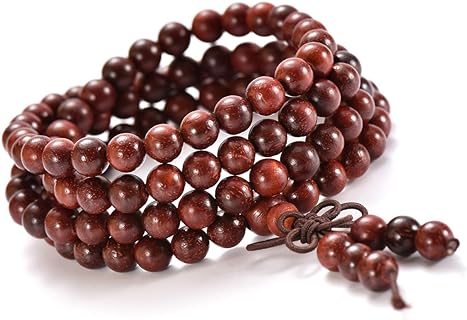 108 Bead Mala Bracelet, Sandalwood Prayer and Meditation Accessory with Versatile Cord Chain, Rustic Wood Strand Design - Perfect for Yoga, Mindfulness and Spiritual Practice