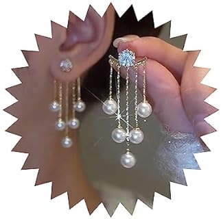 Pearl Tassel Drop Earrings Rhinestone Pearl Ear Jacket Earrings Gold Pearl Chain Fringe Earrings Long Pearl Dangle Earrings Pearl Chandelier Earrings Bridal Jewelry for Women Girls
