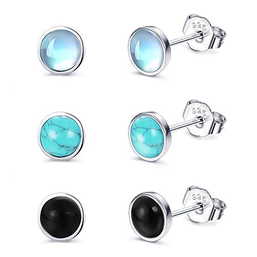 925 Sterling Silver Stud Earrings for Womens Teens Moonstone Earrings Turquoise Black Earrings Round Gemstone Stud Gift Christmas Valentine’s Day