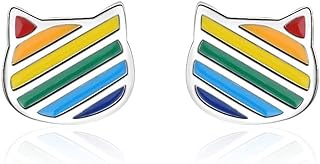Cute Rainbow Kitty Cat Tiny Stud Earrings for Women Teen Girls Cartilage Tragus Sensitive Ear White Gold Plated Lovely Animal Hypoallergenic Piercing Post Dainty Gifts for Birthday Daughter Granddaughter