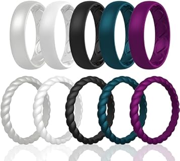 Silicone Rings Women, Ergonomic with Breathable Airflow Design - Multipack: 5 Breathable Wedding Bands, 5 Thin & Stackable Rings
