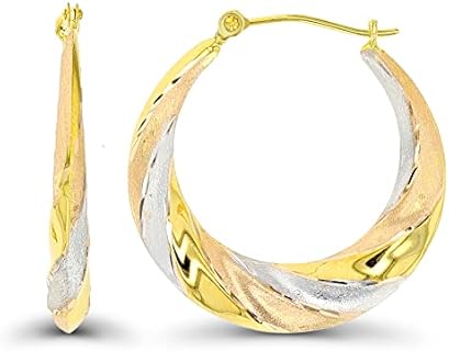 14K Tricolor Gold Thick High Polished Round Hoop Earrings with Hinged Clasp | 3x25mm, 3x30mm and 5x33mm | Tricolor Fancy Gold Earrings | Solid Gold Earrings For Women and Girls