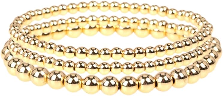 3 Pcs Gold Beaded Bracelets Valentine's Day Gifts, Men Women Elastic Copper Beads Balls Stretch Bracelet Anklet, Fashion Stacking Bracelets Cuff Set Jewelry (6mm+4mm)
