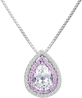 Amanda Rose .925 Sterling Silver Teardrop Pendant Necklace with Lab-Created Pink & White Sapphire for Women, Box Chain with Spring Ring Clasp, 18 Inch Chain Length
