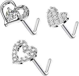 20G 3PCS Nose Ring Studs 316L Heart Nose Rings Nose Studs Heart Nose Stud Surgical Steel CZ L-Shaped Piercing Jewelry