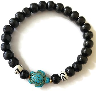 Sea Turtles Wooden Beads Bracelet with Cord Chain for Unisex, Black - Elastic Stretch, No Gemstone, Cotton Material, No Clasp