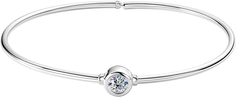 Moissanite Solitaire Cuff Bangle, 0.5ct D Color Lab Created Diamond Bracelet fit 7" Below Wrist, 18K Gold Plated Silver Bracelet for Women or Girlfriend Birthday Jewelry Gifts