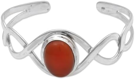 NOVICA Artisan Carnelian Cuff Bracelet and Sterling Silver from Indonesia Red Flame Birthstone [6 in L (end to End) x 1.1 in W] ' Dna in Scarlet'