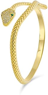 Black White Simulated Blue Sapphire or Emerald Egyptian Serpent Style Green Eye CZ Cubic Zirconia Bypass Wrapping Statement Snake Cuff Bangle Bracelet For Women 18K Yellow Gold & Silver Plated Brass