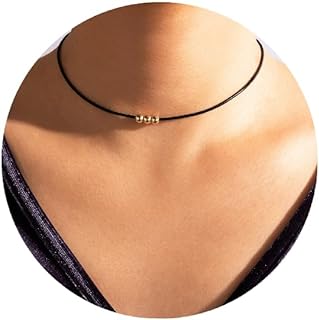 Black Leather Choker Chic Gold Beads Necklace 11061249