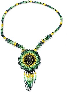 NOVICA Handmade Glass Beaded Pendant Necklace Mexican Artisan Crafted Sunflower No Stone Green Statement Long Mexico Floral 'Sunlit Flower'