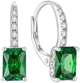 Emerald Cubic Zirconia Dangle Earrings FJ Princess Cut 925 Sterling Silver Leverback Jewelry Gift for Women