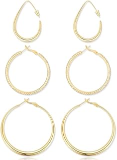 3 Pairs 14K Gold Plated 925 Sterling Silver Lightweight Teardrop Earrings Big Gold/Silver/Rose Gold Hoop Earrings Set for Women Trendy, Jewelry Gifts for Women Girls