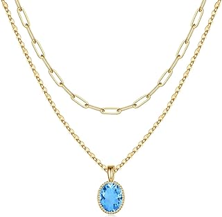 Aquamarine Birthstone Pendant Necklace with Lobster Clasp for Women and Girls, 14K Gold Plated Cable Link Chain Design
