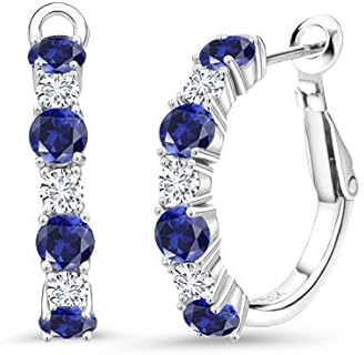 Gem Stone King 925 Sterling Silver Blue Created Sapphire and White Lab Grown Diamond Hoop Earrings For Women (2.60 Cttw, Gemstone September Birthstone, Round 4MM and 3MM)