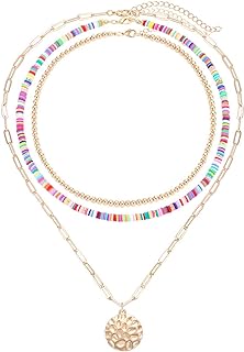XOCARTIGE Rainbow Surfer Heishi Necklace for Women Stackable Ball Beaded Choker Necklace Layered Paperclip Link Chain Necklaces Summer Beach Jewelry Set