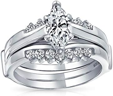 Bling Jewelry Bridal Traditional Cubic Zirconia 2-3 CTW Round Brilliant Cut Solitaire Marquise AAA CZ Band Inset Guard Enhancers Engagement Ring vWedding Ring Set For Women .925 Sterling Silver