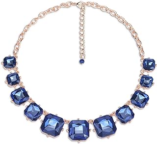 Blue Sapphire Necklace for Women, Art Deco Square Faceted Blue Glass Birthstones Necklace Antique Luxury Crystal Necklace Elegant Vintage Royal Blue Rhinestone Necklace Gold Link Chain