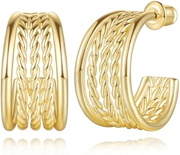 14K Cossa Gold Thick Hoop Earrings with Push Back for Women, C-shaped Design, 20mm*11mm Dimension