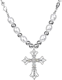 Vintage Celtic Rhinestone Cross Long Pendant Necklace Pearl Beaded Choker Necklace Silver for Women and Girls
