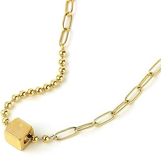 20-Inch C-Link Chain Gold Necklace with Stainless Steel Square Beads for Women and Girls, Lobster Clasp