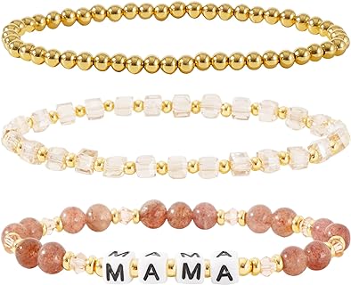 MAMA Bracelet Dainty Gold Crystal Beaded Bracelets Set for Women Stackable 14K Gold Plated Beads Nature Stone Layered Stretch Bracelets Mother's Day Gifts for Mom Grandmom