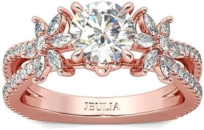 Jeulia Flower Wedding Rings for Women Rose Gold Sterling Silver Moissanite Engagement Band Round Cut CZ Diamond Bridal Set with Jewelry Gift Box