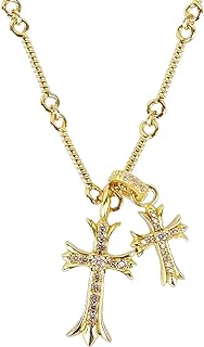 Double Cross Vintage CZ Diamond Cross Long Pendant Necklace 18k Gold Plated Choker Necklace for Women and Girls，Trendy Jewelry Gifts for Women Girls