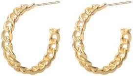 Brass Chain Hoop Earrings with Push Back Design for Women and Girls - Petite Cuban Link Design in Gold/White Gold