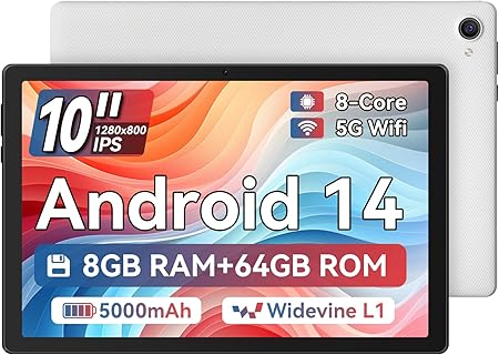 Tablette Ainmel 10 Pouces Android 14 avec 64 Go, Double Caméra et Batterie 5000mAh. Idéale pour Études et Divertissement en Voyage