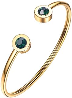 No-Clasp Gold-Plated Stainless Steel Sapphire Bangle Bracelet with Box Chain for Women and Girls, Featuring May's Simulated Emerald