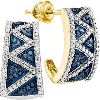 The Diamond Deal 10kt Yellow Gold Womens Round Blue Color Enhanced Diamond Half J Hoop Earrings 1/10 Cttw