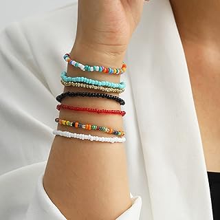 Octwine Silver African Anklets with Beaded Link Chain or Multicolor Gemstone in Rainbow Design for Adults