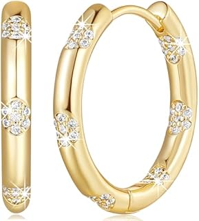 14K Yellow Gold Flower-Shaped Hoop Earrings with Cubic Zirconia, French Wire Back Finding for Women