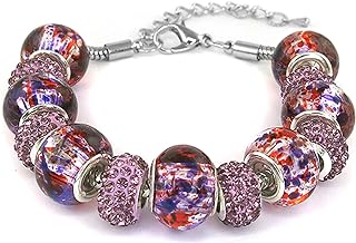 Savlano Silver Tone Snake Chain Charm Bracelet Crystal and Murano Glass Beads with 2 inch Extension for Women & Girls Comes with Gift Box
