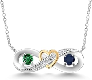 Gem Stone King 925 Silver and 10K Yellow Gold Green Nano Emerald Blue Sapphire 2-Tone Heart Interlocking Infinity Symbol Lab Grown Diamond Pendant Necklace For Women (0.71 Cttw, with 18 Inch Chain)