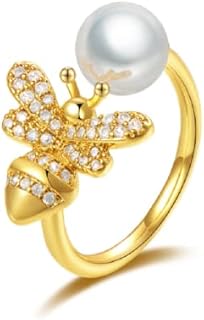 925 Silver Rose Gold 14K Gold Cute Tiny Honey Bee Pearl Adjustable Ring Wedding Band Animal Lucky Honey Bee Ring Cubic Zirconia Bumble Warp Open Rings Jewelry Gift for Women Girls