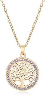 Dreamtimes Tree of Life Necklace for Women Stainless Steel Gold Color Clear Zircon Round Pendant Neck Chains Family Tree Fashion Charm Luxury Jewelry Wedding Gift